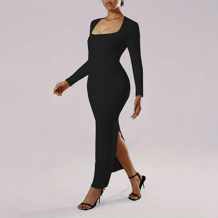 Long Sleeve Square Neck Maxi Dress for Women Elegant Split Cocktail Club Party Dresses