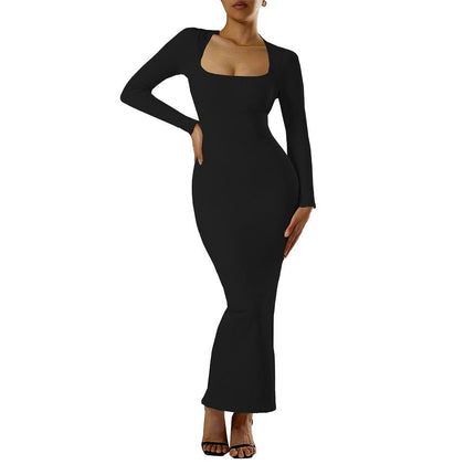 Long Sleeve Square Neck Maxi Dress for Women Elegant Split Cocktail Club Party Dresses