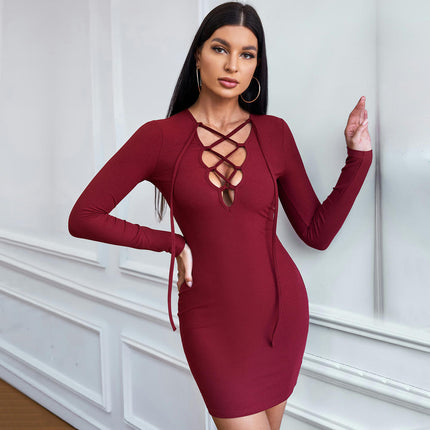 Women's Sexy Long Sleeve Dress V Neck Crisscross Tie Bodycon Party Mini Dresses