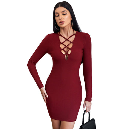 Women's Sexy Long Sleeve Dress V Neck Crisscross Tie Bodycon Party Mini Dresses