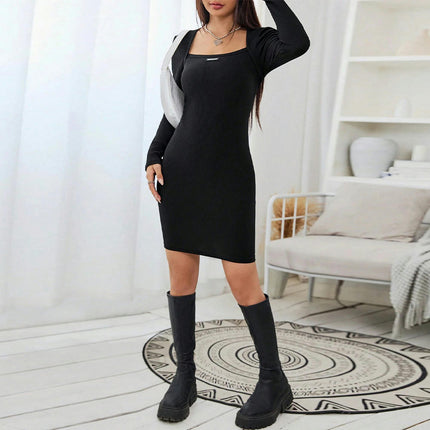 Women Long Sleeve Square Neck Mini Dress Sexy Bodycon Cocktail Party Short Dresses