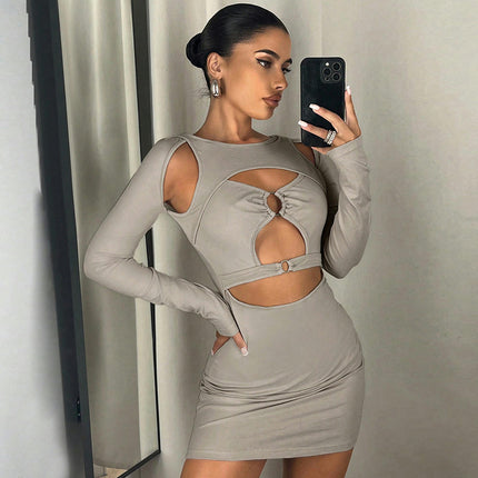 Women's Long Sleeve Cut Out Mini Dress Sheer Crew Neck Bodycon Sexy Party Dresses