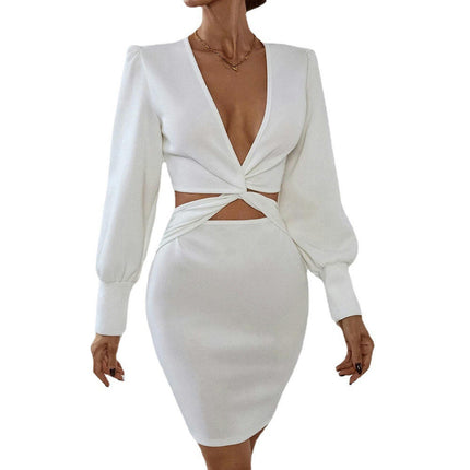 Women's Sexy Twist Deep V Neck Cut Out Long Sleeve Cocktail Bodycon Mini Dress