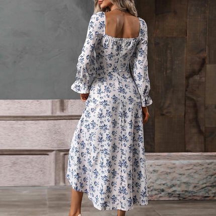 Women's Floral Print Long Sleeve Maxi Dress Sexy Square Neck Split A-line Beach Dresses