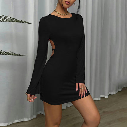 Women's Long Sleeve Crew Neck Mini Dress Backless Slim Fit Party Club Bodycon Dresses