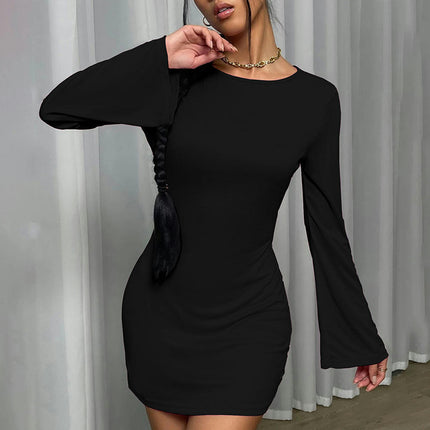 Women's Long Sleeve Crew Neck Mini Dress Backless Slim Fit Party Club Bodycon Dresses