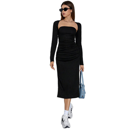 Women's 2 Piece Outfits Slit Bodycon Midi Tube Dress with Long Sleeve Bolero Shrugs