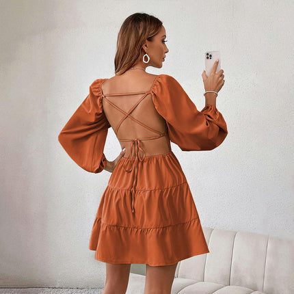 Women's Long Sleeve Ruffle Dress Sweetheart Neck Backless Flowy A Line Mini Dresses