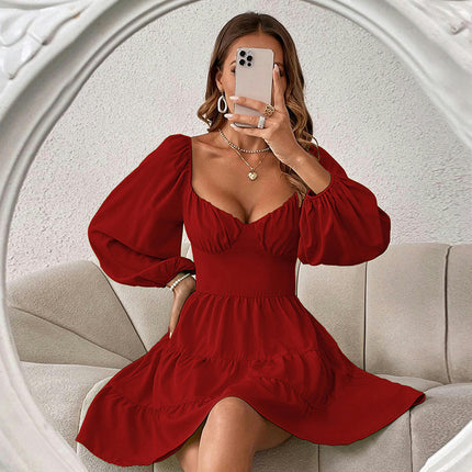 Women's Long Sleeve Ruffle Dress Sweetheart Neck Backless Flowy A Line Mini Dresses