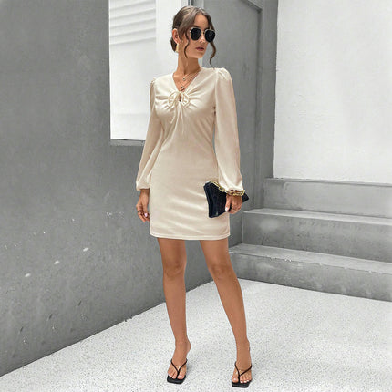 Women's Tie V Neck Puff Long Sleeve Slim Fit Dress A Line Short Going Out Dresses