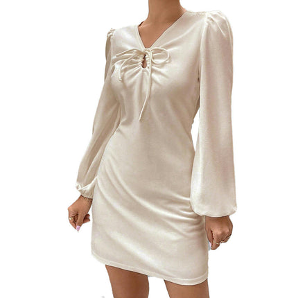 Women's Tie V Neck Puff Long Sleeve Slim Fit Dress A Line Short Going Out Dresses