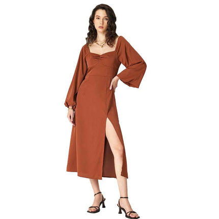 Womens Puff Long Sleeve Sweetheart Neck Dress A Line Flowy Split Midi Dresses