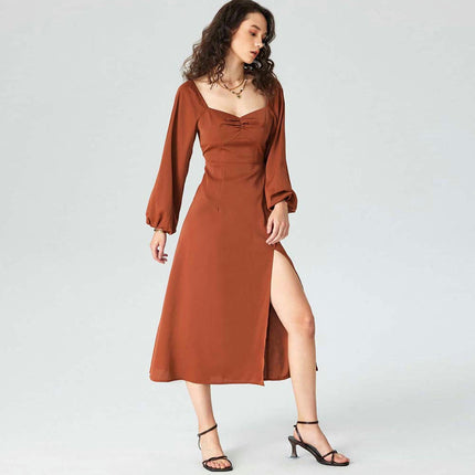 Womens Puff Long Sleeve Sweetheart Neck Dress A Line Flowy Split Midi Dresses