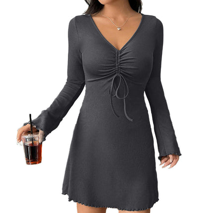 Women's Drawstring V Neck Long Sleeve Ruched A Line Cocktail Party Slim Fit Mini Dress