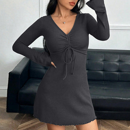 Women's Drawstring V Neck Long Sleeve Ruched A Line Cocktail Party Slim Fit Mini Dress