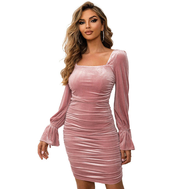 Women's Velvet Puff Long Sleeve Dresses Square Neck Bodycon Ruched Mini Dress for Party Cocktail