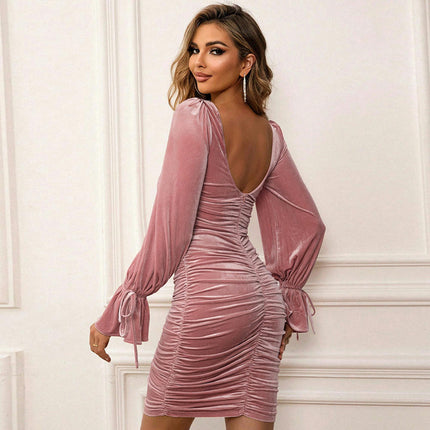 Women's Velvet Puff Long Sleeve Dresses Square Neck Bodycon Ruched Mini Dress for Party Cocktail