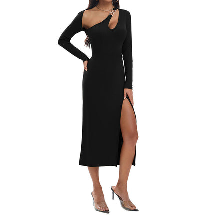 Women's Sexy Bodycon Long Sleeves Cut Out Neck Split Party Club Midi Dress