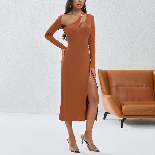 Women's Sexy Bodycon Long Sleeves Cut Out Neck Split Party Club Midi Dress