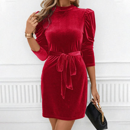 Women's Mock Neck Dresses Tie Waist Puff Long Sleeve Velvet Bodycon Mini Dress