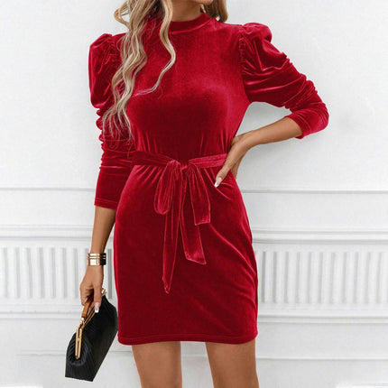 Women's Mock Neck Dresses Tie Waist Puff Long Sleeve Velvet Bodycon Mini Dress