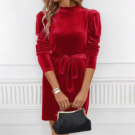 Women's Mock Neck Dresses Tie Waist Puff Long Sleeve Velvet Bodycon Mini Dress