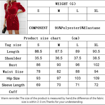 Women's Mock Neck Dresses Tie Waist Puff Long Sleeve Velvet Bodycon Mini Dress