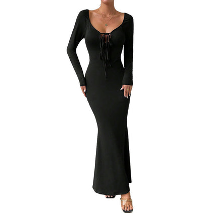 Women Sexy Long Sleeve Dress Tie Deep V Neck Bodycon Party Club Backless Maxi Dresses