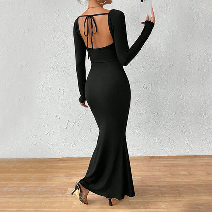 Women Sexy Long Sleeve Dress Tie Deep V Neck Bodycon Party Club Backless Maxi Dresses