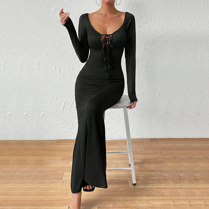 Women Sexy Long Sleeve Dress Tie Deep V Neck Bodycon Party Club Backless Maxi Dresses