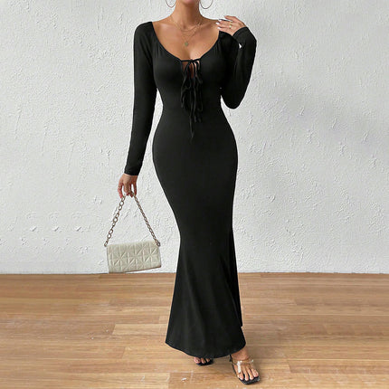 Women Sexy Long Sleeve Dress Tie Deep V Neck Bodycon Party Club Backless Maxi Dresses