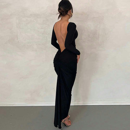 Womens Long Sleeve Crew Neck Maxi Dress Sexy Backless Bodycon Party Club Dresses