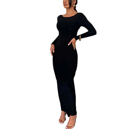 Womens Long Sleeve Crew Neck Maxi Dress Sexy Backless Bodycon Party Club Dresses