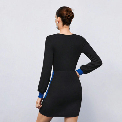 Women's Color Block V Neck Long Sleeve Ruched Bodycon Mini Party Dress