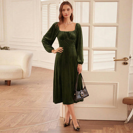 Square Neck Dress for Women High Waist Puff Long Sleeve A Line Flowy Velvet Midi Dresses