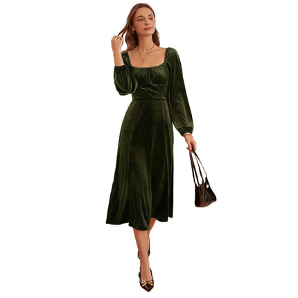 Square Neck Dress for Women High Waist Puff Long Sleeve A Line Flowy Velvet Midi Dresses