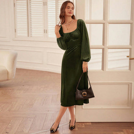 Square Neck Dress for Women High Waist Puff Long Sleeve A Line Flowy Velvet Midi Dresses