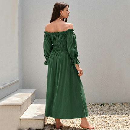 Women's Off The Shoulder Puff Sleeve Smocked Maxi Dress Flowy A Line Beach Long Dresses