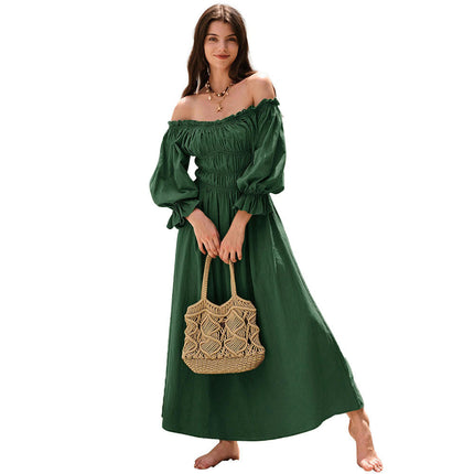 Women's Off The Shoulder Puff Sleeve Smocked Maxi Dress Flowy A Line Beach Long Dresses