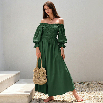 Women's Off The Shoulder Puff Sleeve Smocked Maxi Dress Flowy A Line Beach Long Dresses