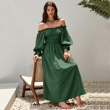 Women's Off The Shoulder Puff Sleeve Smocked Maxi Dress Flowy A Line Beach Long Dresses