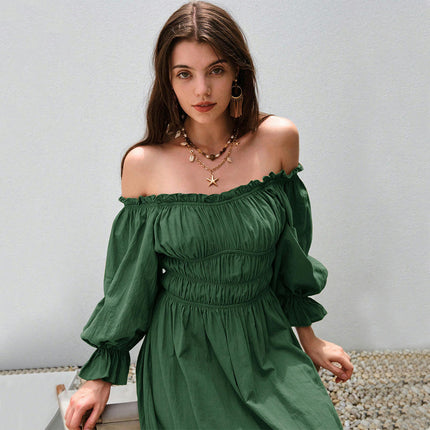 Women's Off The Shoulder Puff Sleeve Smocked Maxi Dress Flowy A Line Beach Long Dresses