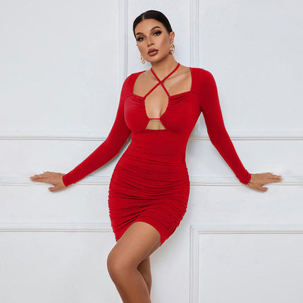 Women's Deep V Neck Tie Drawstring Cut Out Long Sleeve Ruched Bodycon Mini Dress