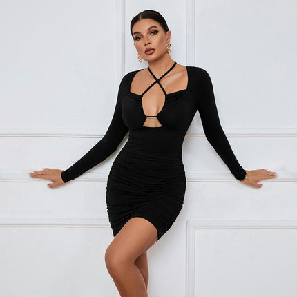 Women's Deep V Neck Tie Drawstring Cut Out Long Sleeve Ruched Bodycon Mini Dress