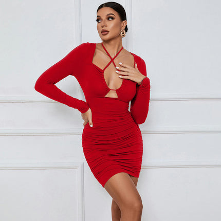 Women's Deep V Neck Tie Drawstring Cut Out Long Sleeve Ruched Bodycon Mini Dress