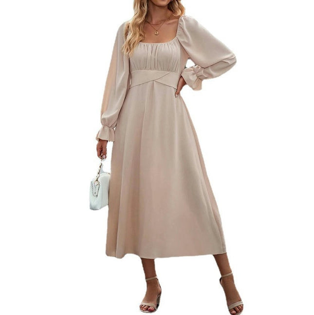 Women's Puff Long Sleeve Midi Dress Sexy Square Neck Tie Back A-line Flowy Beach Dresses