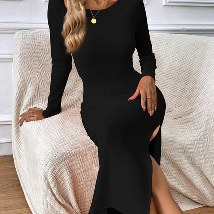 Women's Split Long Sleeve Midi Dress Crew Neck Backless Bodycon Dress