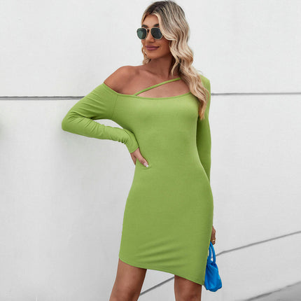 Women's Sexy One Shoulder Bodycon Dress Long Sleeve Slim Fit Cocktail Mini Dresses