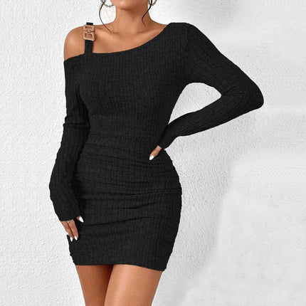 Women's Sexy One Shoulder Bodycon Dress Long Sleeve Slim Fit Ruched Mini Dresses