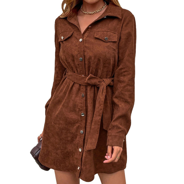 Women's Tie Waist Corduroy Button Down Mini Dress Long Sleeves Shirt Dresses